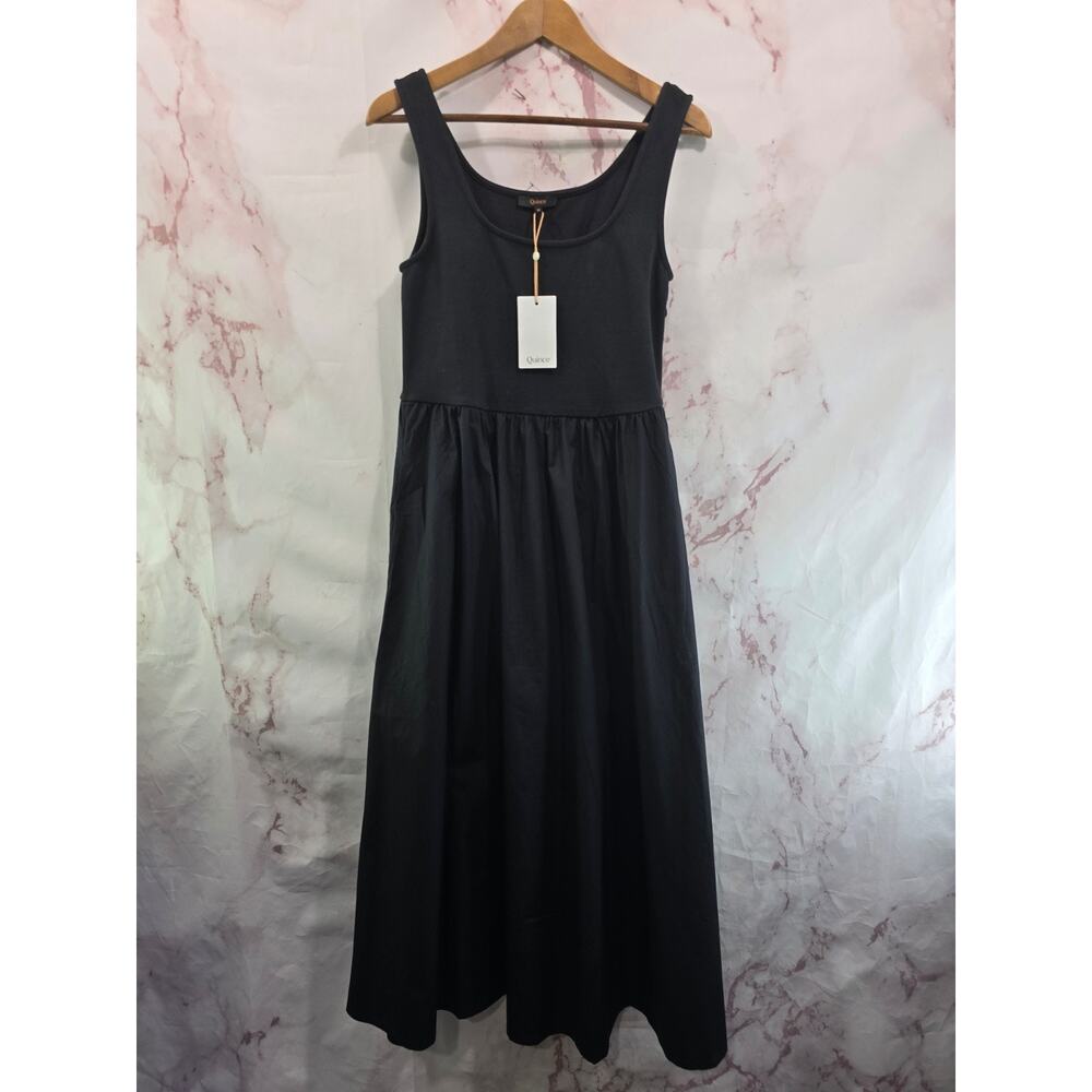 Quince Dress Womens Medium Midi Long Tank Poplin Cotton Mixed Media Pleated